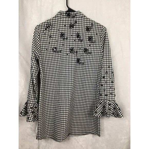 Insight Women's Small Button Down Long Sleeve Checkered Bell Sleeves Embellished - Picture 3 of 11